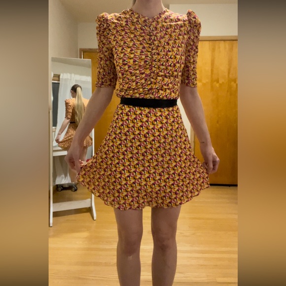 Geometric Silk Dress with Puff Sleeves - Picture 7 of 7